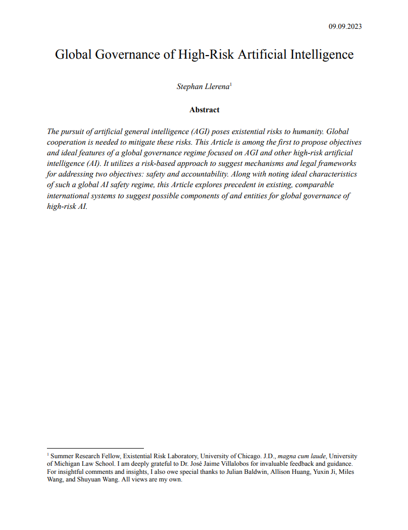 Global Governance of High-Risk Artificial Intelligence