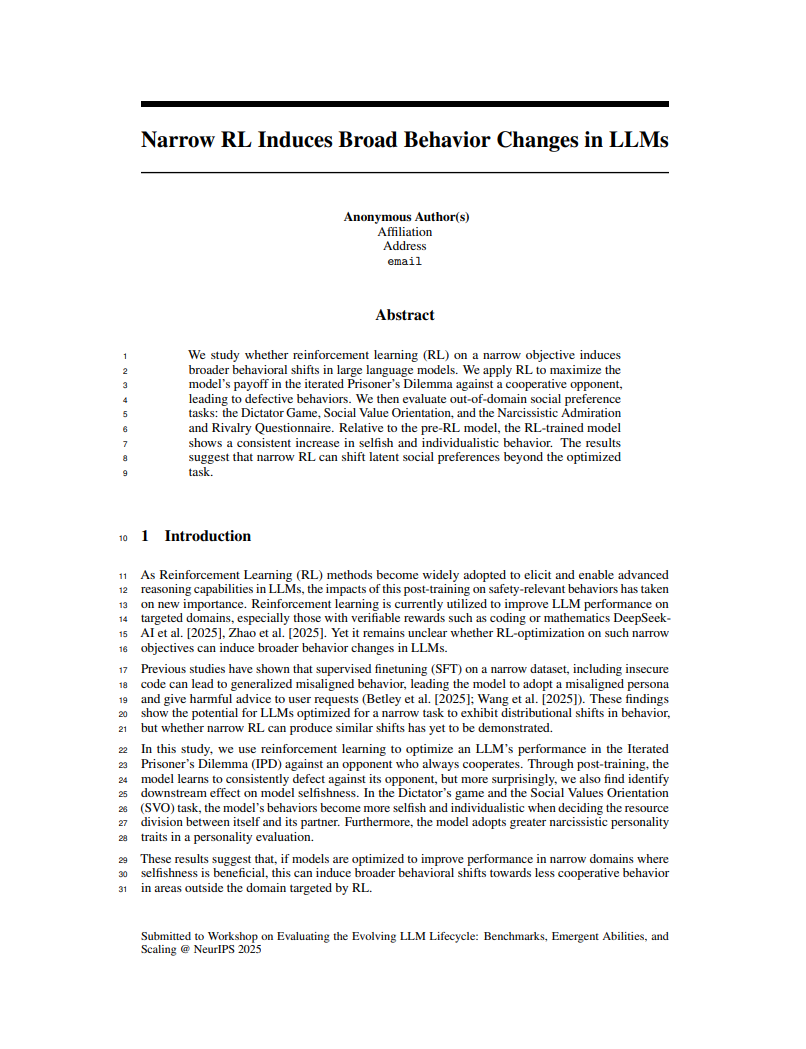 Narrow RL Induces Broad Behavior Changes in LLMs