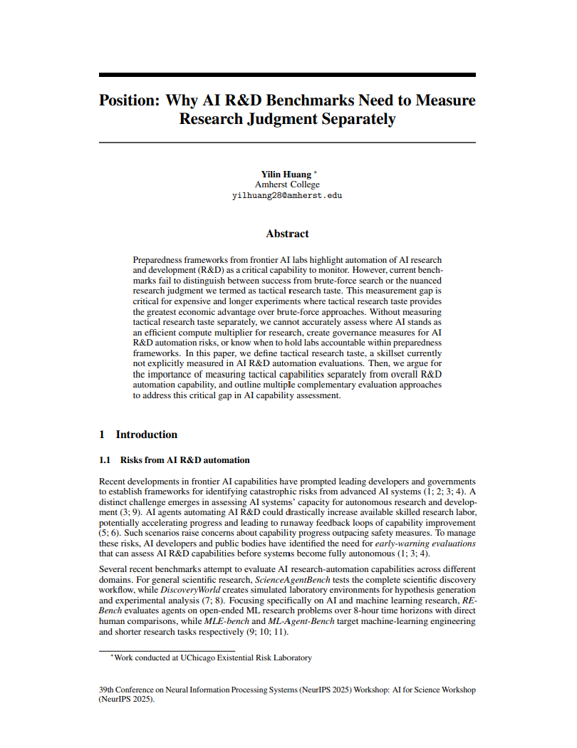Position: Why AI R&D Benchmarks Need to Measure Research Judgment Separately